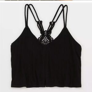 Aerie Ribbed Black Strappy Crop Top with lace detail‎ size Medium NWT